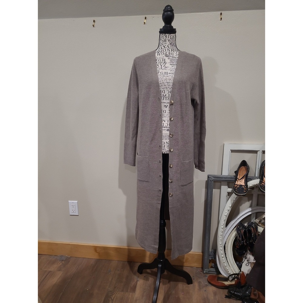 Tahari 100% extra fine Merino Wool Button Front Cardigan midi brown Women SZ M